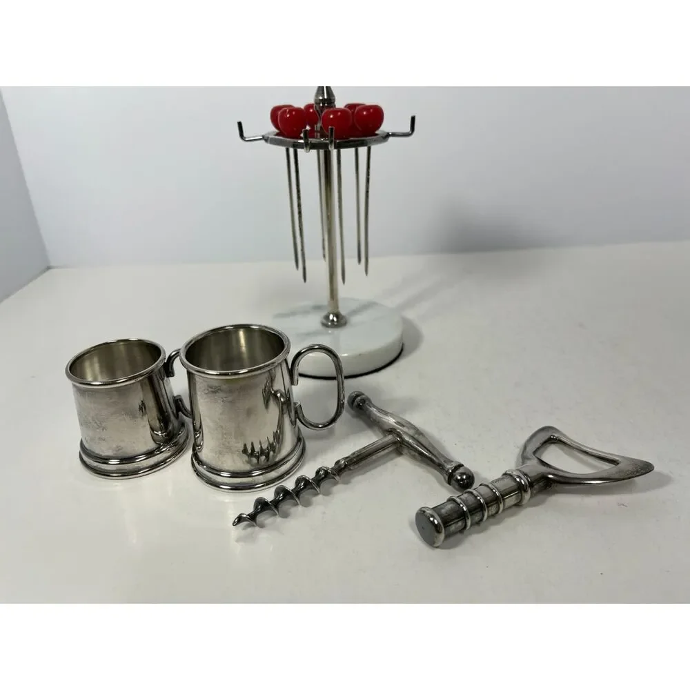 Vintage Raimond Italy 11-Piece Bar Tool Set Marble Base Jiggers Cocktail MCM